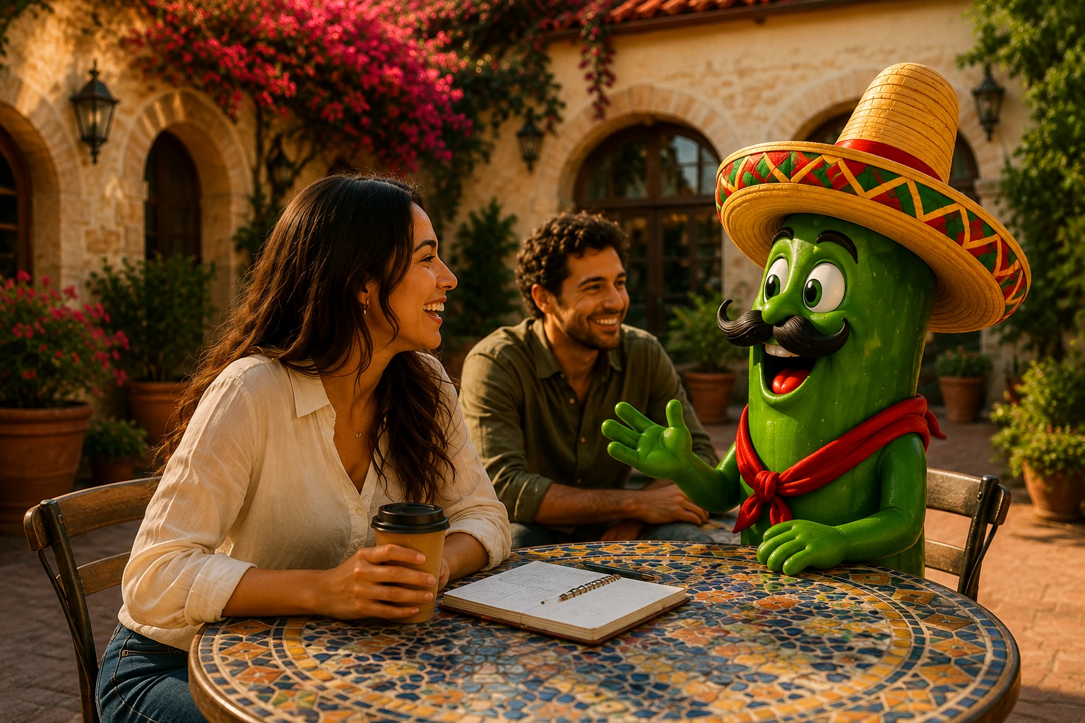 Two happy adult students share coffee at a mosaic café table in a sunlit Spanish courtyard with Jalapeño, the friendly Spanish Language Center mascot.